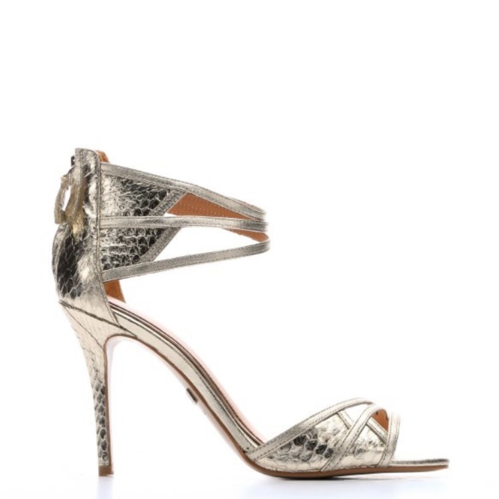 Badgley Mischka platino leather and snakeskin heel